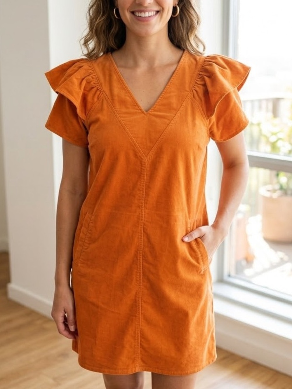 NWT Billy T Cord Ruffle Dress Orange V Neck Mini Short Sleeves Size Small